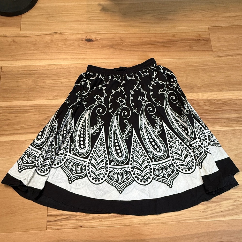 Boho Midi Cotton Skirt Women Medium Black White Paisley Festival Elastic Waist
